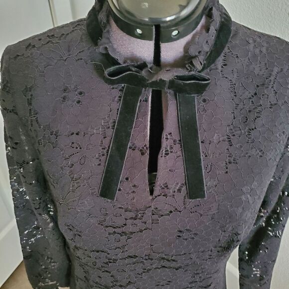 Nanette Lepore Dress Size 8 Black Lace High Neck Bow Romantic 3/4 Sleeve - Picture 5 of 10